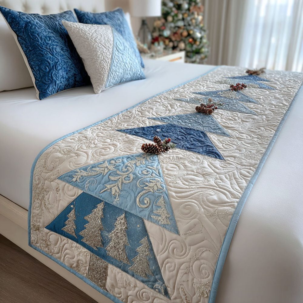 Cross-border exclusive supply of blue-toned Christmas tree pattern quilted bed runner, digitally printed, suitable for all seasons, direct from the manufacturer