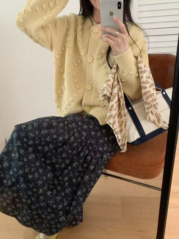 慵懒风纯色鼓包设计感高级感针织开衫女秋冬季宽松别致毛衣外套|undefined
