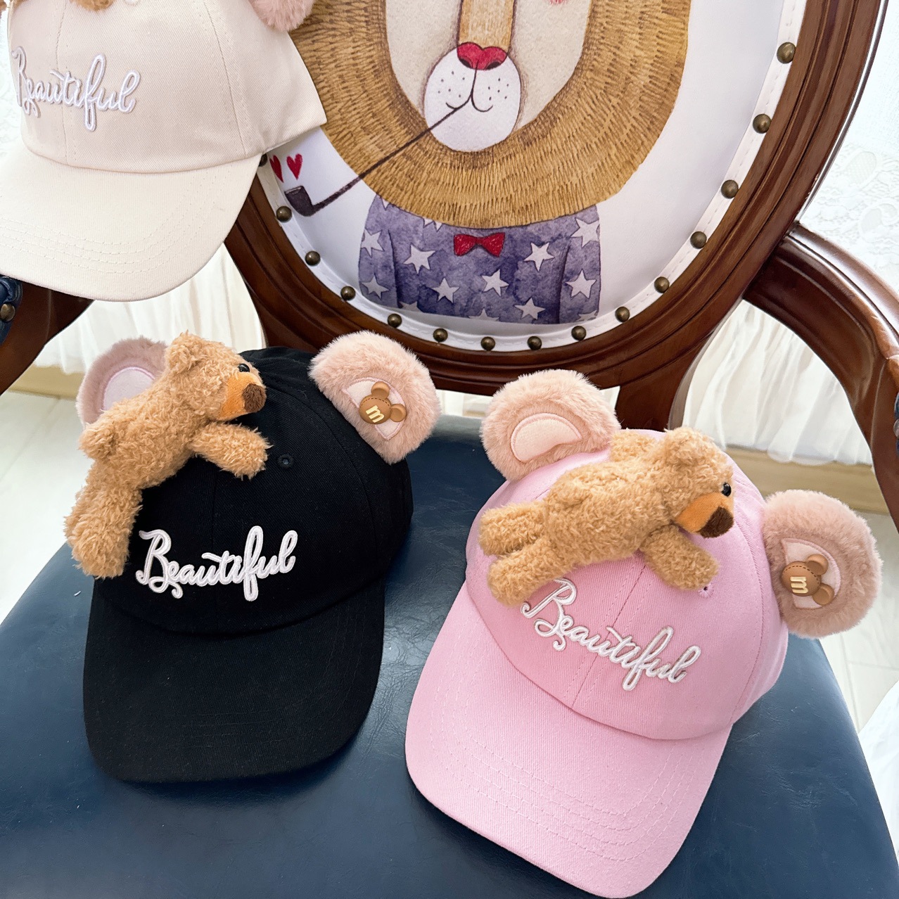 立体小熊春秋新款女童百搭网红粉色棒球帽子甜美可爱耳朵儿童帽子