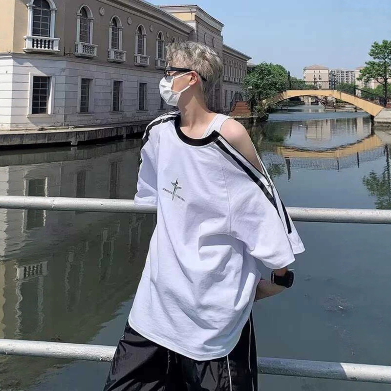 American High Street Style Zip-Up Deconstructed Off-Shoulder Short-Sleeve T-Shirt for Men, Summer Design, Heavy-Duty European and American Retro Five-Quarter Sleeve Trendy Style