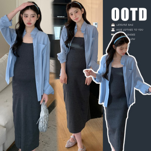 2024 maternity clothes spring two-piece set commuter style elegant loose shirt slim fit hot mom sling dress suit