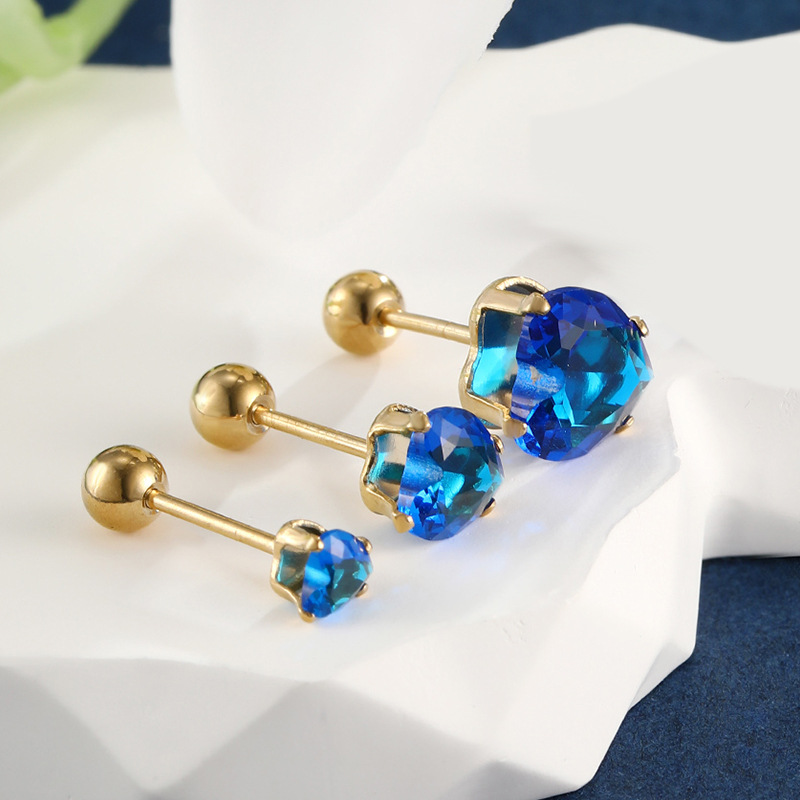 Pendientes de Gema artificial azul japonés y coreano personalidad de la moda pendientes de la gema de la hebilla del giro del tornillo del acero inoxidable de la joyería de Xupin