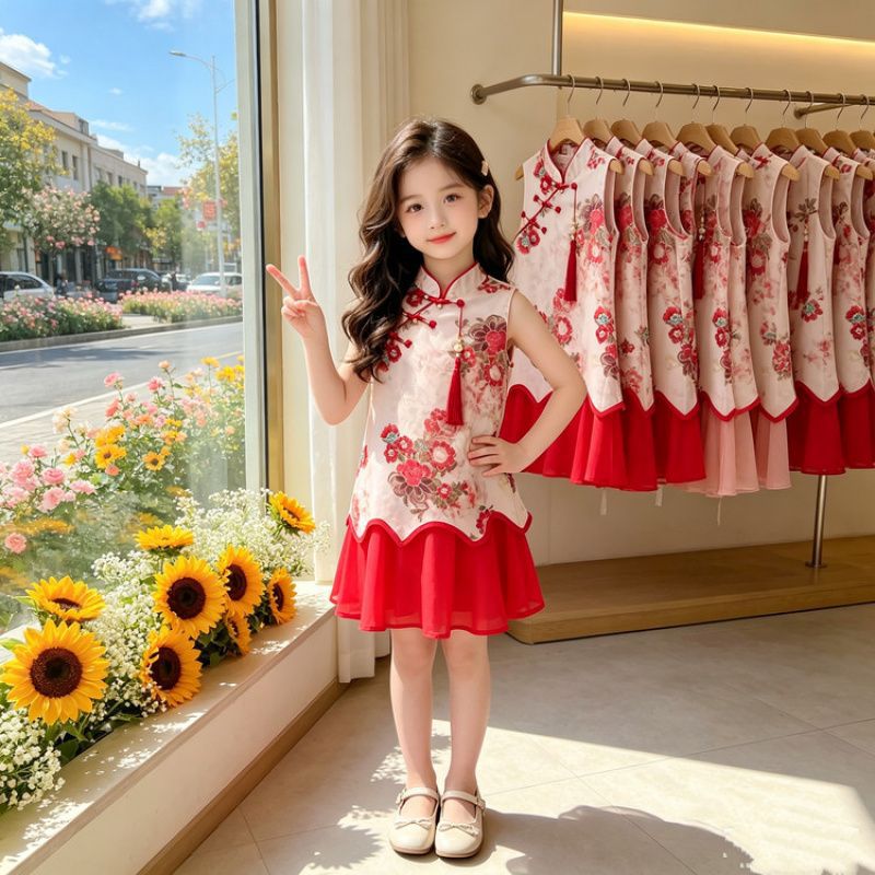 Girl's Red Floral Cheongsam Dress with Pendant