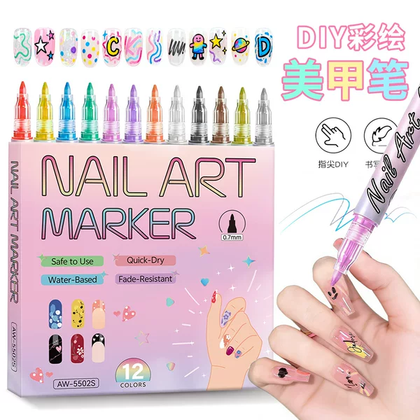 Cross-Border Hot Product 12-Color Waterproof Nail Art Graffiti Pen Set 0.7mm Quick-Drying Nail Art Painted Hook Line Marker Pen