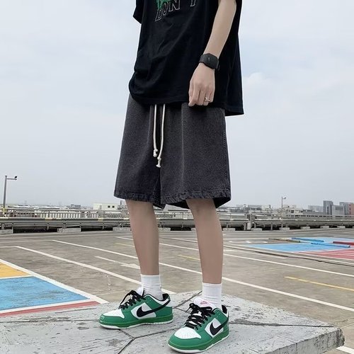 Summer Retro Stretch Waist Denim Short Shorts for Men Korean Style Trend Brand Youth Loose Straight Leg Casual Wide Leg Jeans