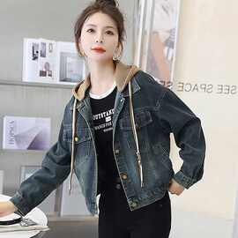 小个子连帽短款牛仔外套女春秋新款复古宽松百搭休闲夹克开衫上衣