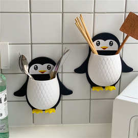 卡通企鹅置物架化妆工具整理盒宿舍卫生间牙刷收纳床头手机壁挂式