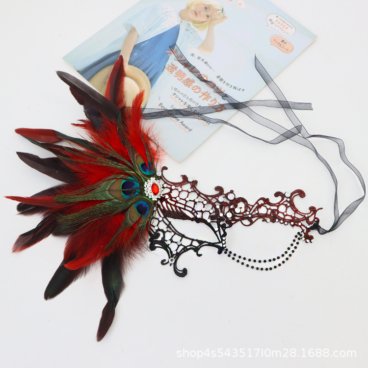 Nuevo diseño transfronterizo de cuentas elegantes máscaras de encaje plumas de pavón decoración mascaradas máscaras de fiesta