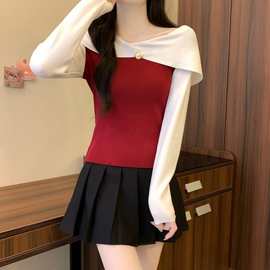 设计感韩系撞色一字肩长袖针织衫女秋冬季新款洋气酒红色内搭上衣