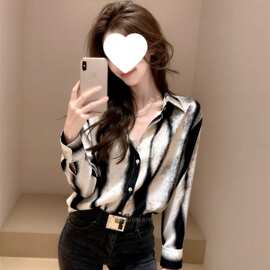 春季新款韩系法式扎染真丝衬衫宽松百搭慵懒水墨风气质桑蚕丝上衣