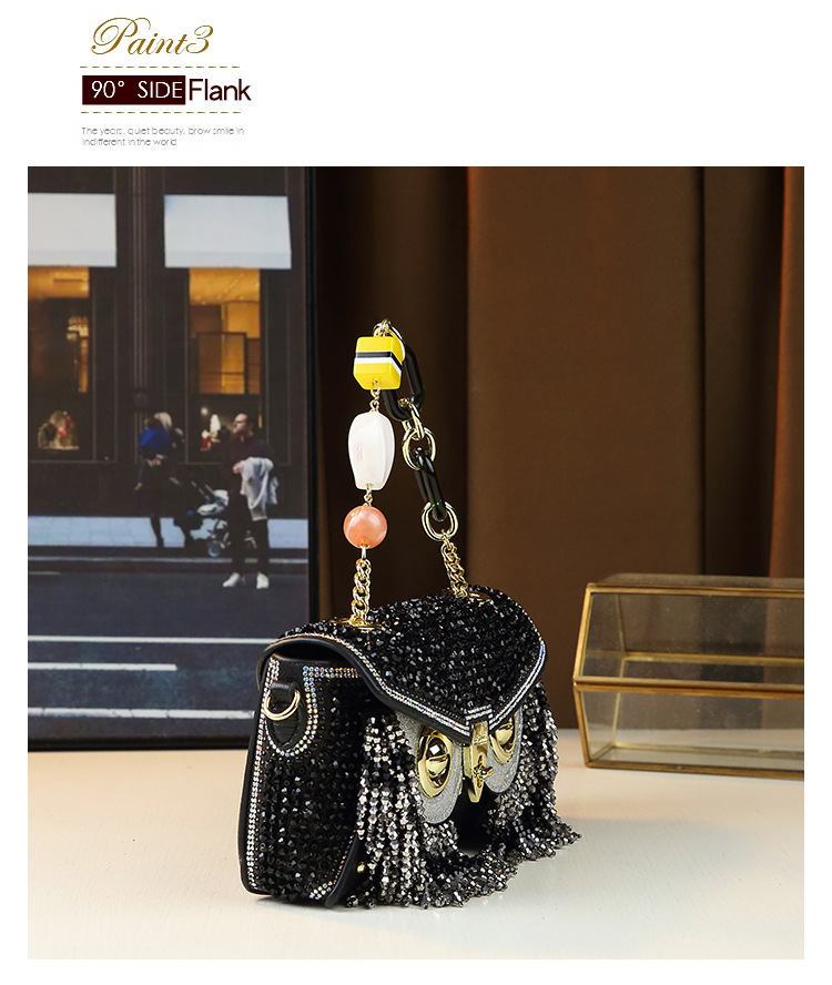 Borsa a mano da donna a forma di gufo con strass e nappe, resistente, a tracolla, piccola borsa quadrata, lusso di nicchia accessibile_voghion.com
