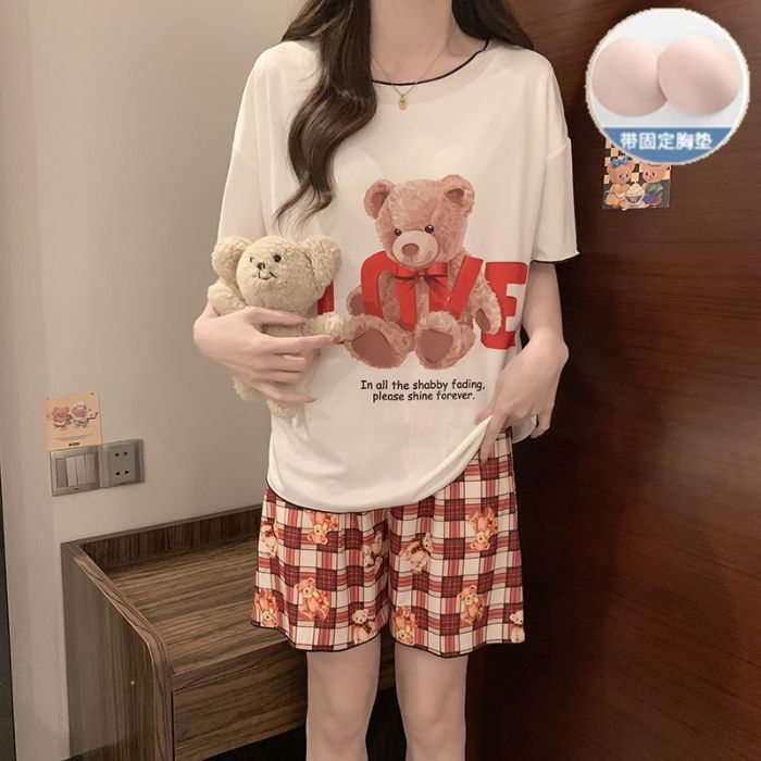 Comercio exterior transfronterizo al por mayor con almohadilla para el pecho hilo de seda de hielo pijamas de cuello redondo mujeres verano casual pantalones cortos de manga corta ropa de casa de dibujos animados