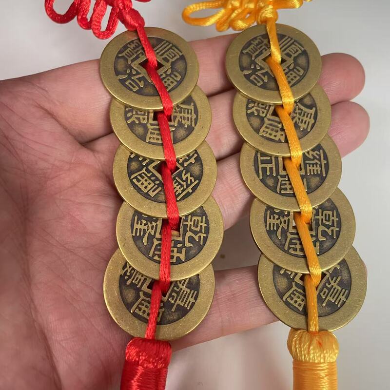 Thickened Brass Five Emperors Coins Door-To-Door Brass Pendant, Five Emperors Copper Coins for Entry Door, Threshold Protector, Chinese Auspicious Knot