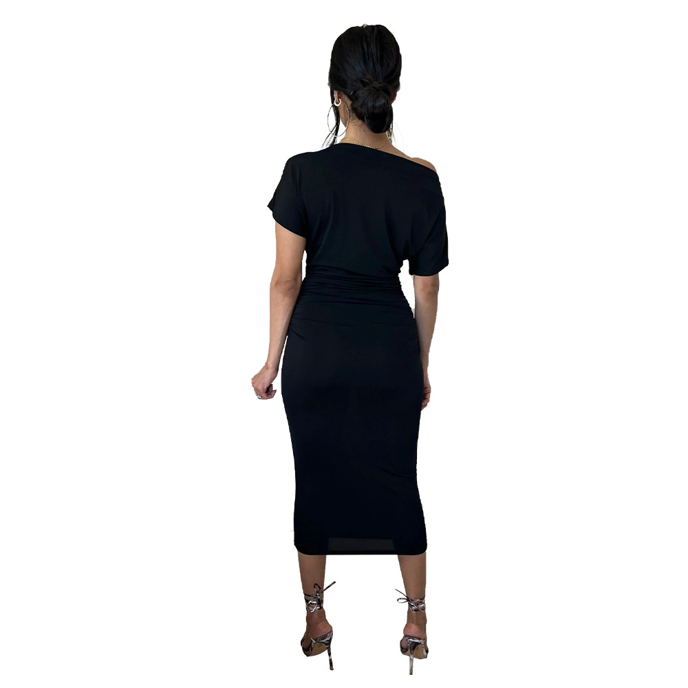 Women Clothing Popular Solid Color Pleated Slim-Fit Oblique Shoulder Dress 23 Women Clothing Popular Solid Color Pleated Slim-Fit Oblique Shoulder Dress
