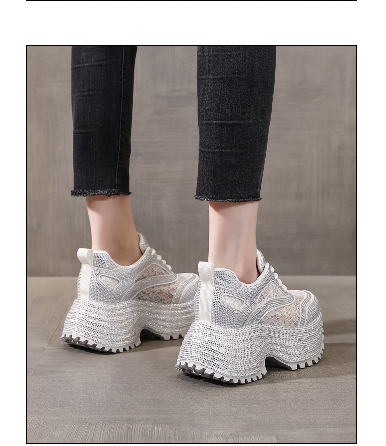 Giày sneaker nữ chunky đế dày lưới phối đá rhinestone — màu trắng chi tiết 13