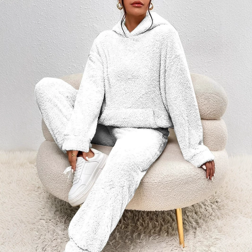 В наличии европейский и американский трансграничный комплект из двух предметов на осень и зиму 2025 года, однотонные женские повседневные длинные брюки с капюшоном и длинными рукавами и накладными карманами, домашний комплект из двух предметов