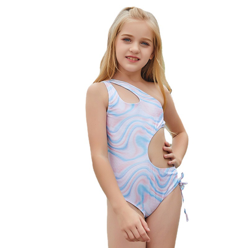 跨境亚马逊现货新款三角连体女童游泳衣欧美印花单肩儿童泳装外贸