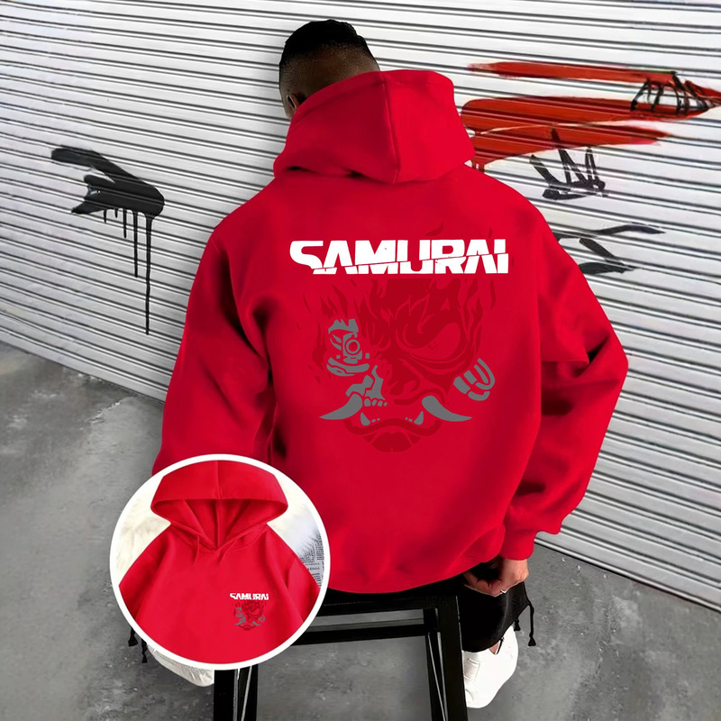 New Cyberpunk Samurai Warrior Ghost Face Printed Hooded Sweatshirt Loose Shoulder-Drop Unisex Jacket