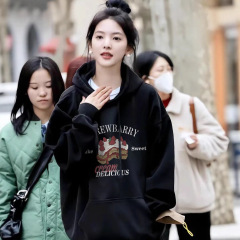 章若楠同款美式复古黑色连帽卫衣秋冬大码女装加绒保暖上衣女外套