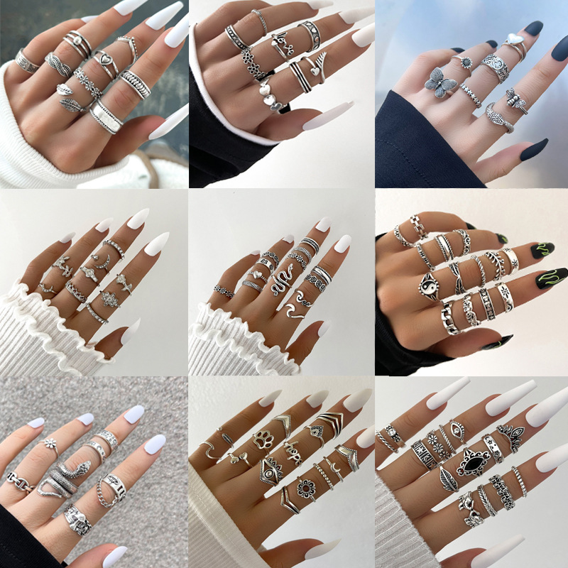 Juego de anillos de articulación con motivos de elefante/mariposa/corazón/flor, relieve yin yang, estilo retro