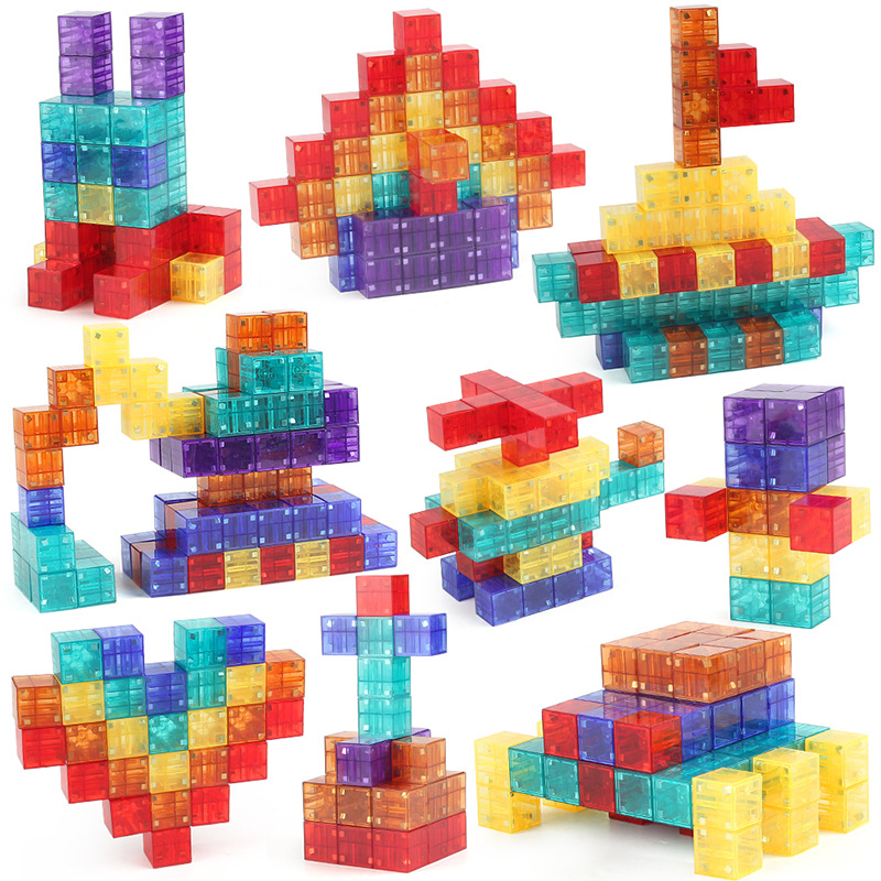 Rompecabezas de bloques de construcción magnéticos transparentes cubo Tetris batalla competitivo magnético color sólido juguete del cubo de Rubik de Luban