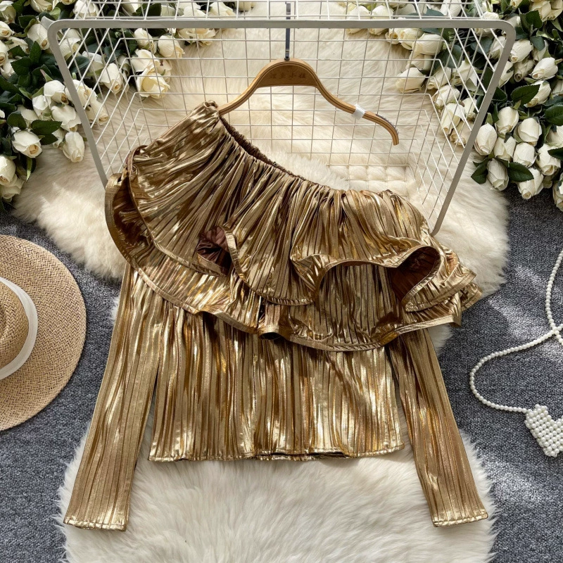 Богиня Фан Сяочжон шикарная рубашка женский дизайн диагональный воротник с открытыми плечами и тонкими листьями с длинными рукавами