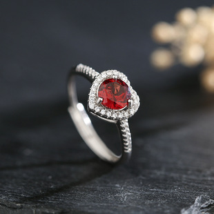 S925 Sterling Silver Natural Garnet Ring Open Heart-Shaped Claw Set Pigeon Blood Red Birthstone Gemstone Cross-Border Hot Sale