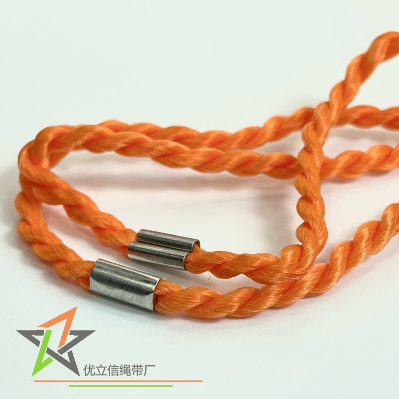 3mm粗橙色两股丙纶扭绳 圆形金属扣吊绳 亮橙色饰品挂绳 挂脖绳