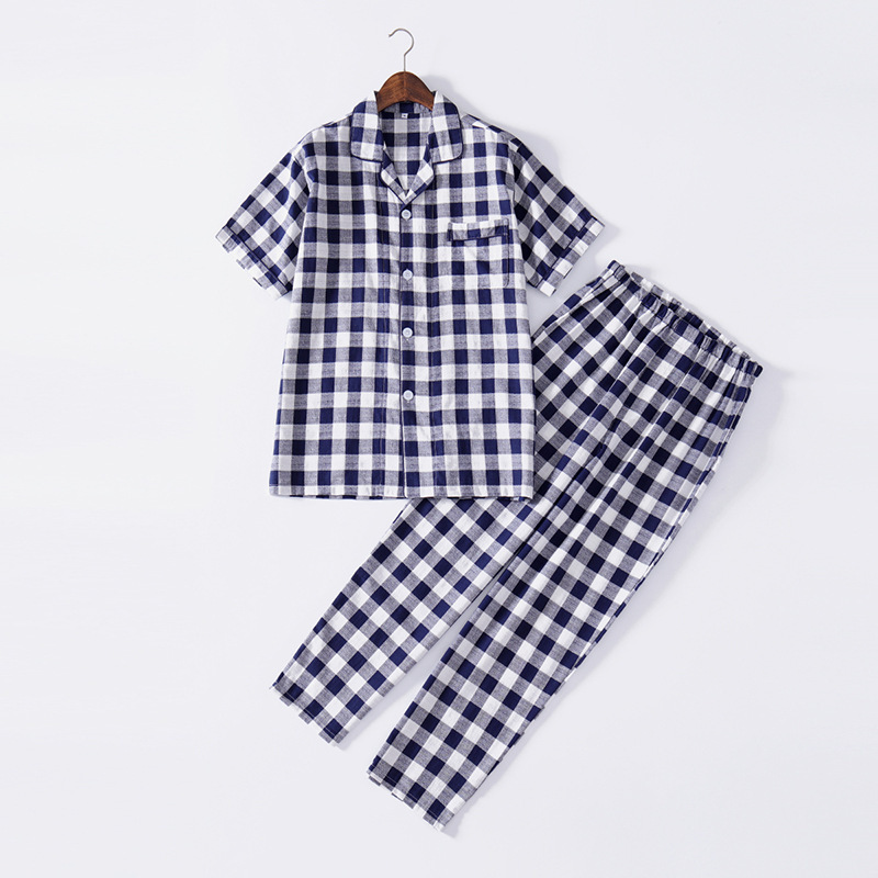 파란색 체크무늬 반팔 바지