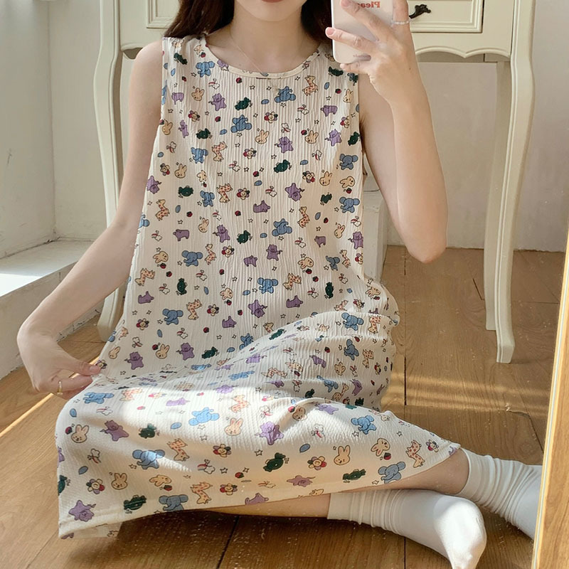 2024 algodón arrugado pijama de verano mujer sin mangas chaleco pijama fresco chaleco de flores vestido para el hogar