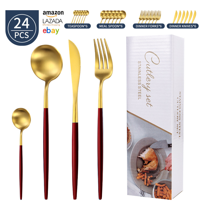 Transfronterizo Amazon mango redondo portugués cuchillo y tenedor cuchara set de platos de acero inoxidable mate cuchillo y tenedor de filete set 24 piezas