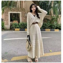 针织衫女新款夏镂空空调衫上衣外搭毛衣开衫外套半身裙两件套装女