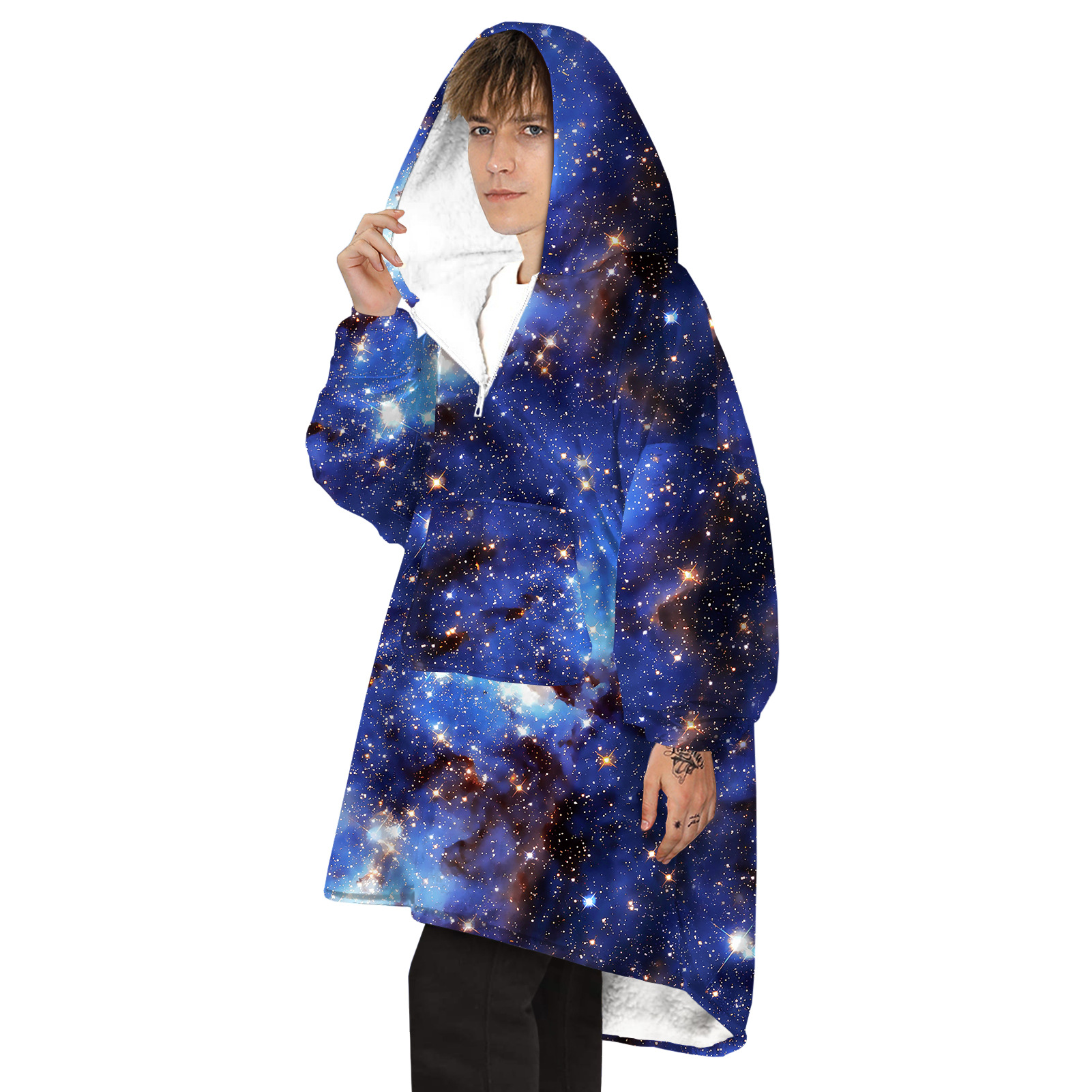 starry sky digital print silver fox fur zipper hooded blanket sweatershirt nihaostyles wholesale clothing NSMDF86115