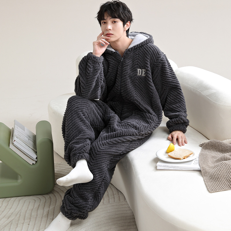 One-Piece Pajamas for Men, Adult Full-Body Winter Coral Velvet Autumn and Winter All-In-One Flannel Large Size Loose Home Clothes