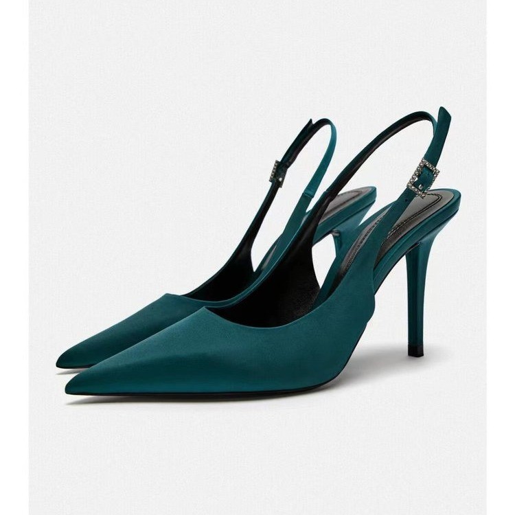 European and American Summer Large Size New Stiletto Sandals Solid Color Pointed Toe Back Strap Toe Solid Color Fashion High Heels