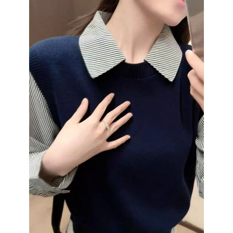 女式设计感格子条纹衬衫25早春新款衬衣polo衫长袖法式独特上衣潮|undefined