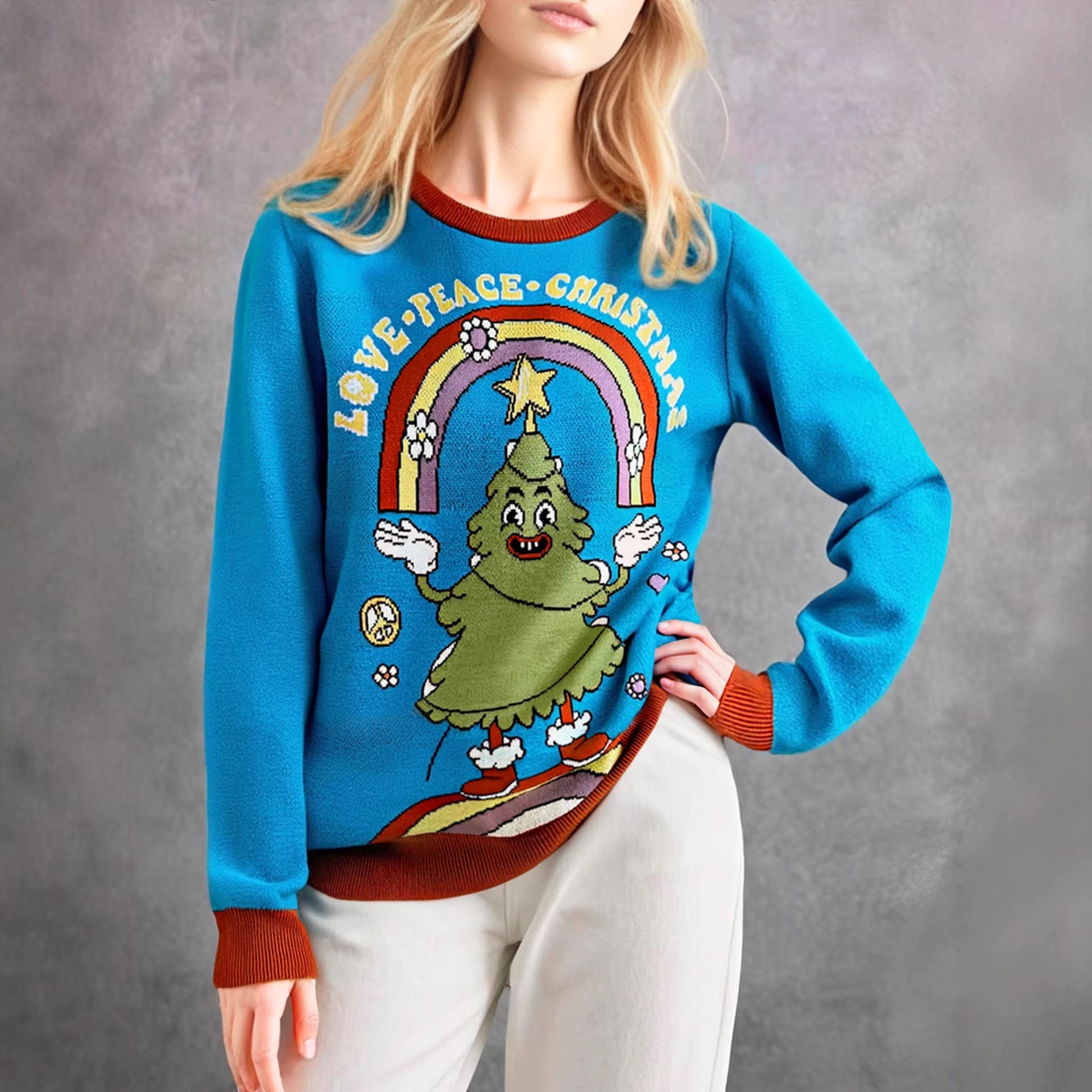 Christmas Ugly Sweater autumn and winter new cartoon Christmas tree loose casual sweater round neck long-sleeved sweater