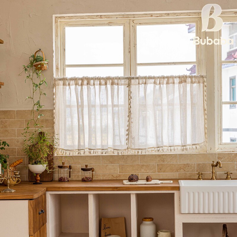 Bubaba American-Style Bamboo Linen Gauze Curtain with Tassels, Small Curtain for Bedroom, Living Room, Kitchen, Short Curtain, Mosquito-Proof Door Curtain