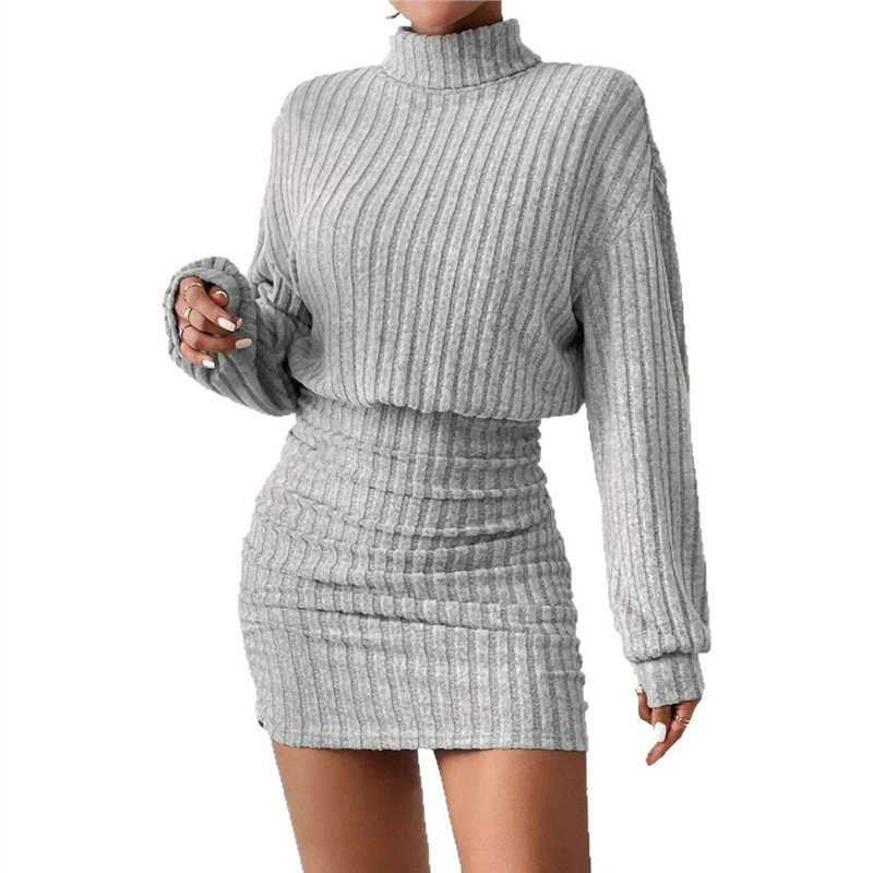 GraceChic Cross-Border European And American 2025 Autumn Winter New Bodycon Long Sleeve High Neck Ribbed Knitted Sexy Dress_voghion.com