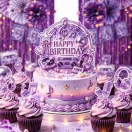 跨境热销音乐主题生日布置紫色迪斯科球KPOP歌手酷女孩派对装饰横