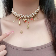 时尚轻奢珍珠爱心流苏水滴双层项链女小众设计高级感锁骨链配饰潮