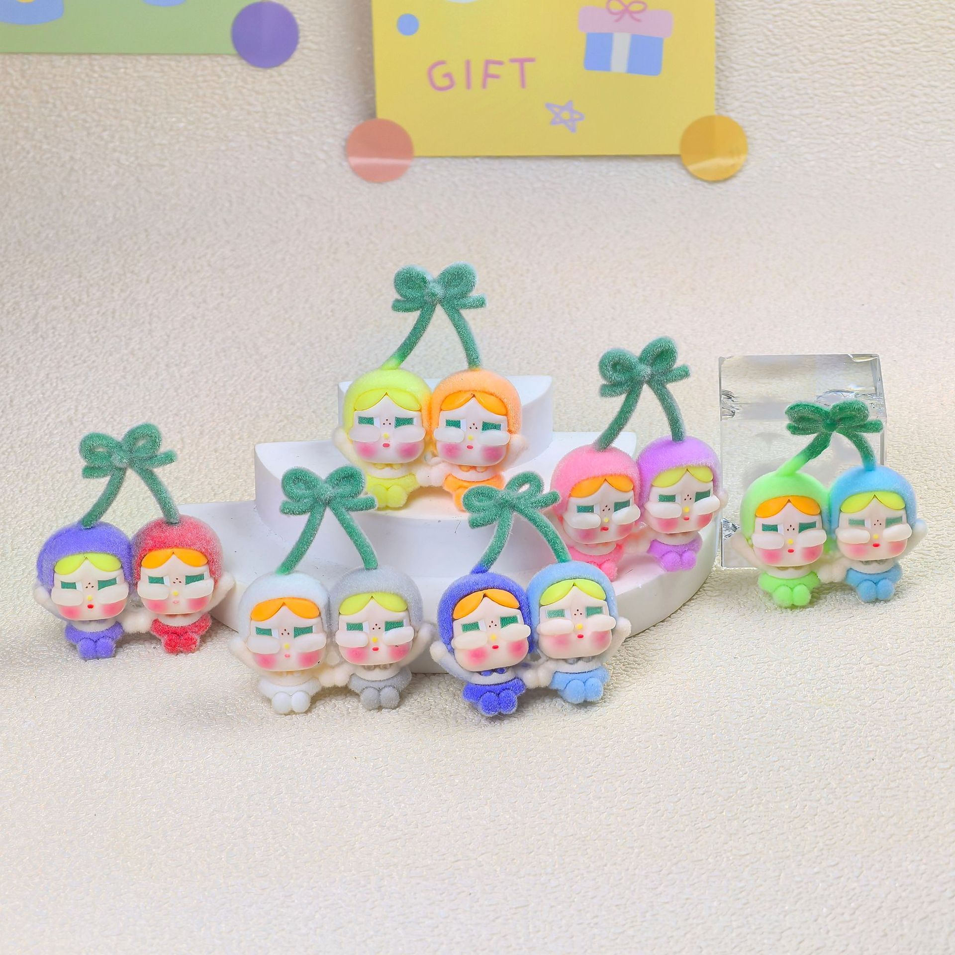 Flocked Cherry Crying Doll DIY Accessory Keychain Cute Blind Bag Resin Food Toy Desktop Ornament