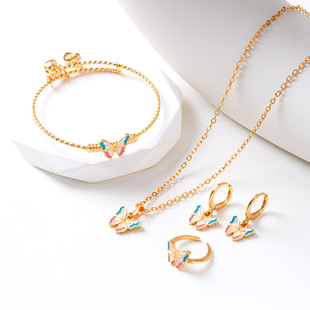 Children's Fashion Copper Gold Plated Oil Drop Jewelry suit Butterfly Mickey Cartoon Ring Necklace Earrings Bracelet Jewelry