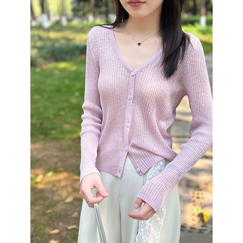 Light Purple Bamboo Linen Ice Silk Sun Protection Cardigan Thin Women's 2026 New Summer Knit Short Slimming Air Conditioning Shirt
