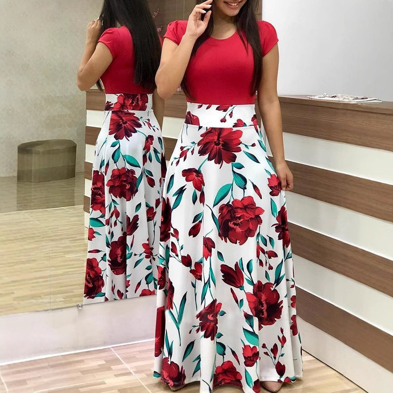 2026Wish Aliexpress Autumn Hot-Selling Popular European and American Style Floral Print Color-Blocking Dress Long Skirt Long-Sleeved Women's Clothing