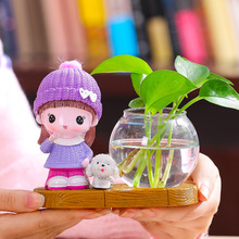 唐艺创意木质底水培家居摆件创意可爱娃娃水培绿萝花瓶办公桌饰品