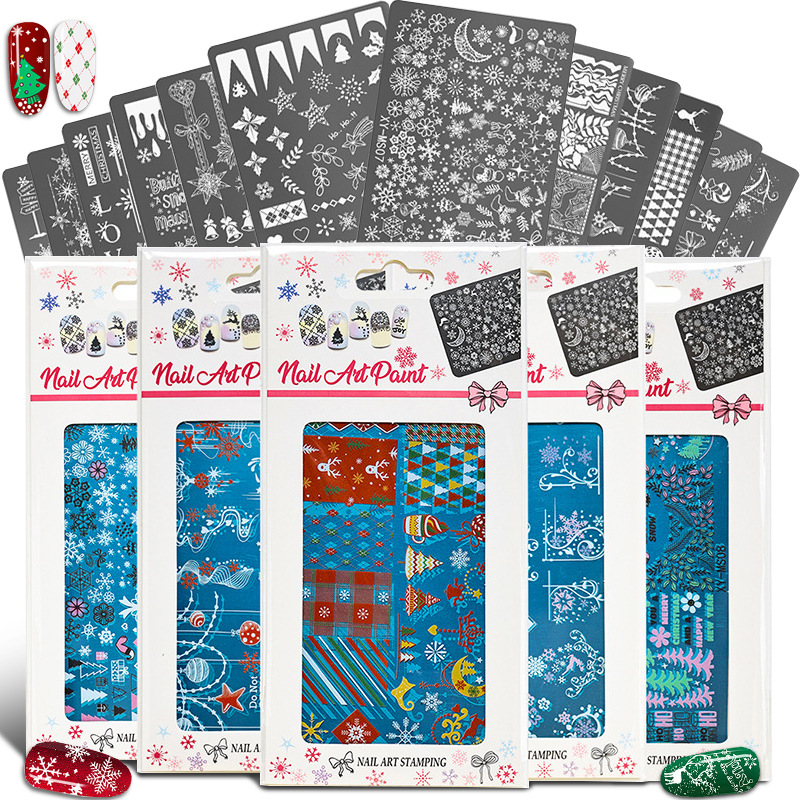Placa de acero de impresión de uñas europea y americana, serie de Navidad de invierno, placa de acero de transferencia, herramienta de uñas, nueva escena de nieve