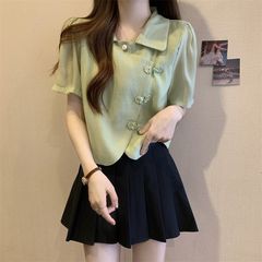プラスサイズの女性の 2025 夏の新しいスタイルスリムでスタイリッシュなファットガールパフスリーブボタンシャツ中国風シフォントップ