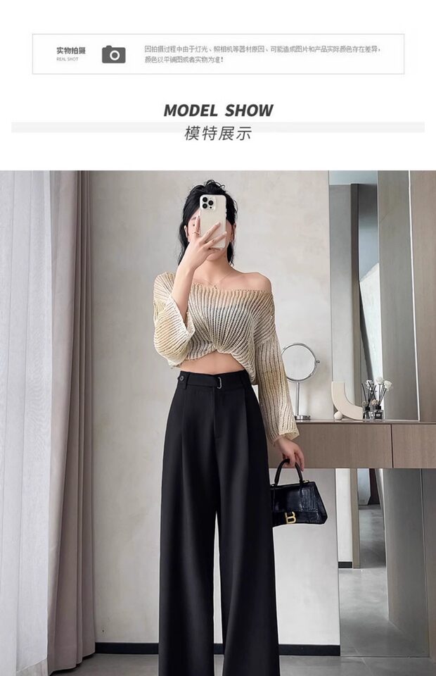 Quần ống rộng nữ cạp cao ống thẳng vải dệt mềm rũ, phong cách công sở — Mẫu thông thường màu xám (khuyến nghị 160cm trở lên), Mẫu thông thường màu đen (khuyến nghị 160cm trở lên), Người đàn ông nhỏ màu xám (khuyến nghị dưới 158cm), Người đàn ông nhỏ màu đen (đề nghị dưới 158cm) chi tiết 26