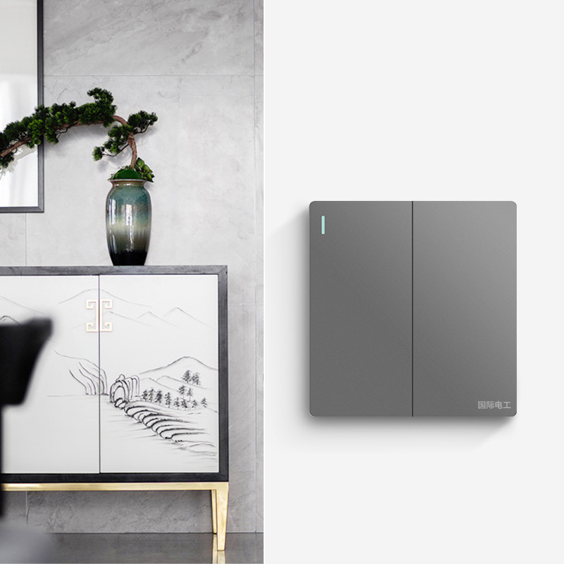國際電工86型暗裝大板灰色家用多孔牆壁電源一開五孔開關插座面板